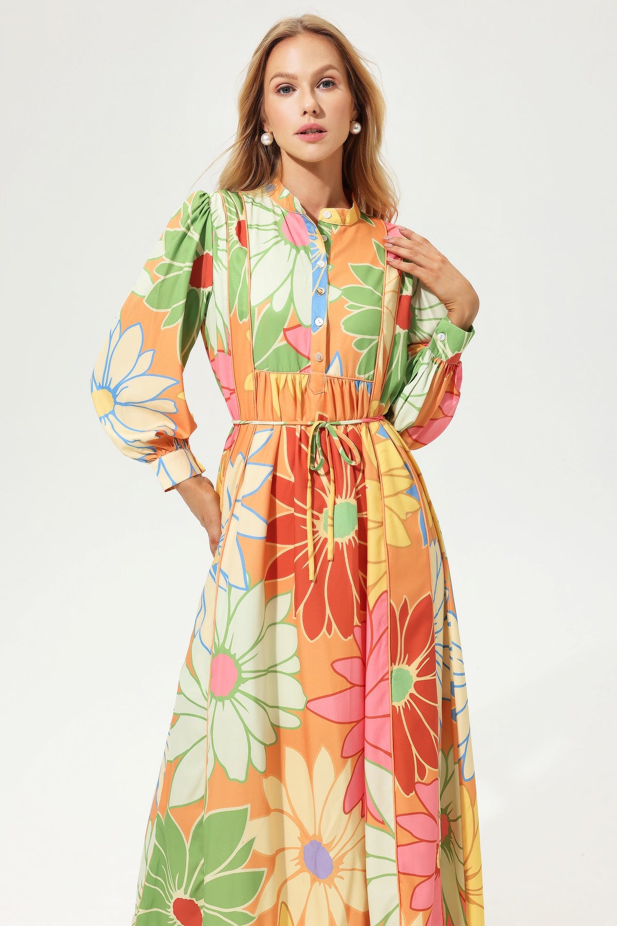 Long Sleeve Stand Collar Lace Up Midi Dress
