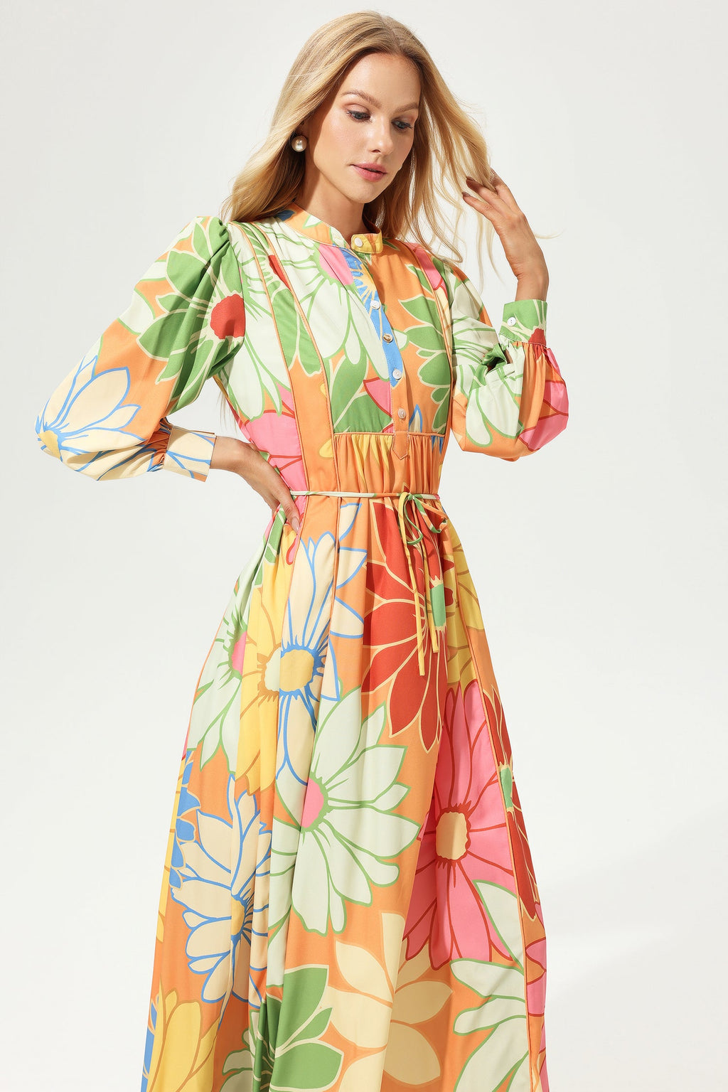 Long Sleeve Stand Collar Lace Up Midi Dress