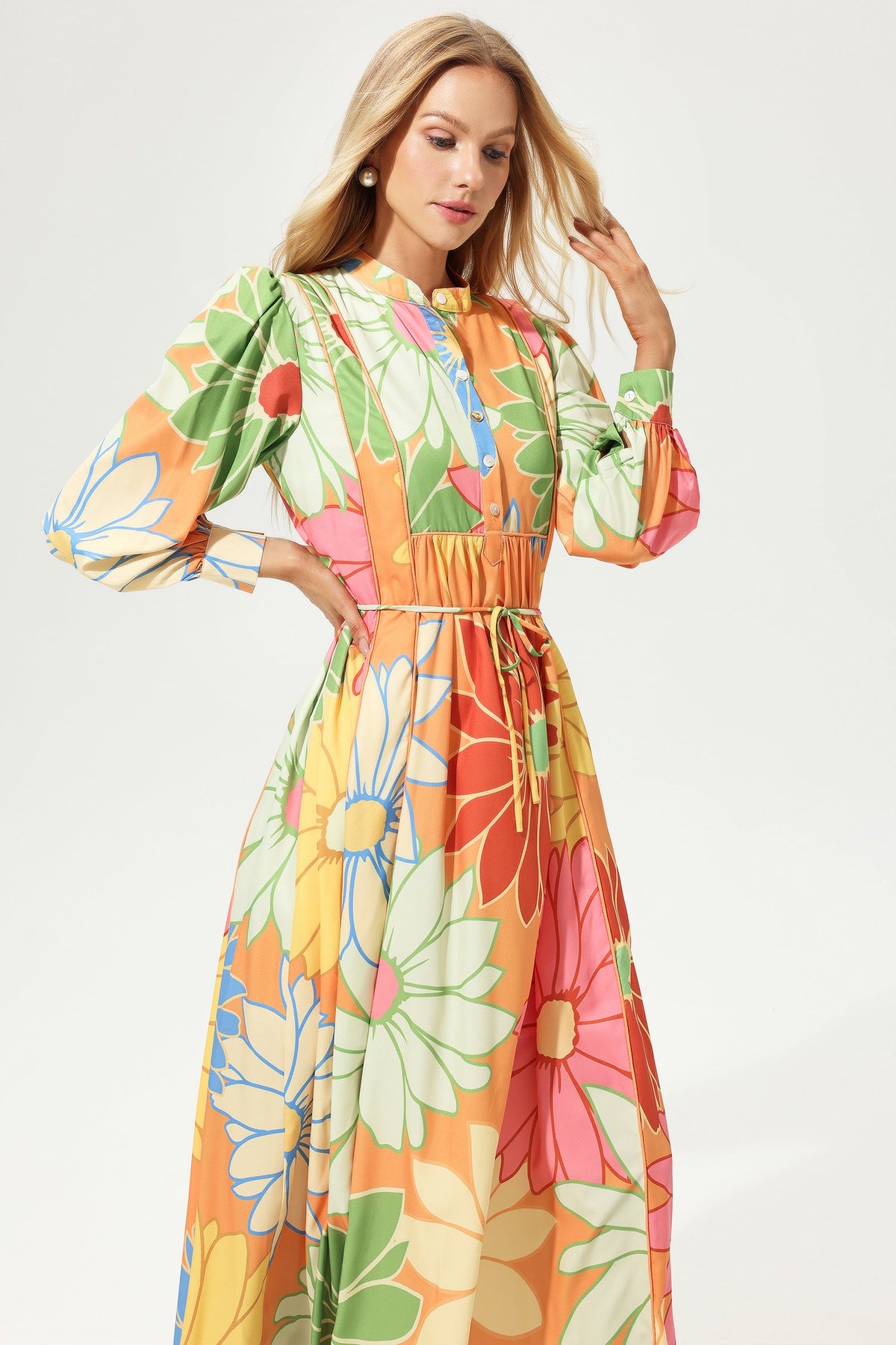 Long Sleeve Stand Collar Lace Up Midi Dress