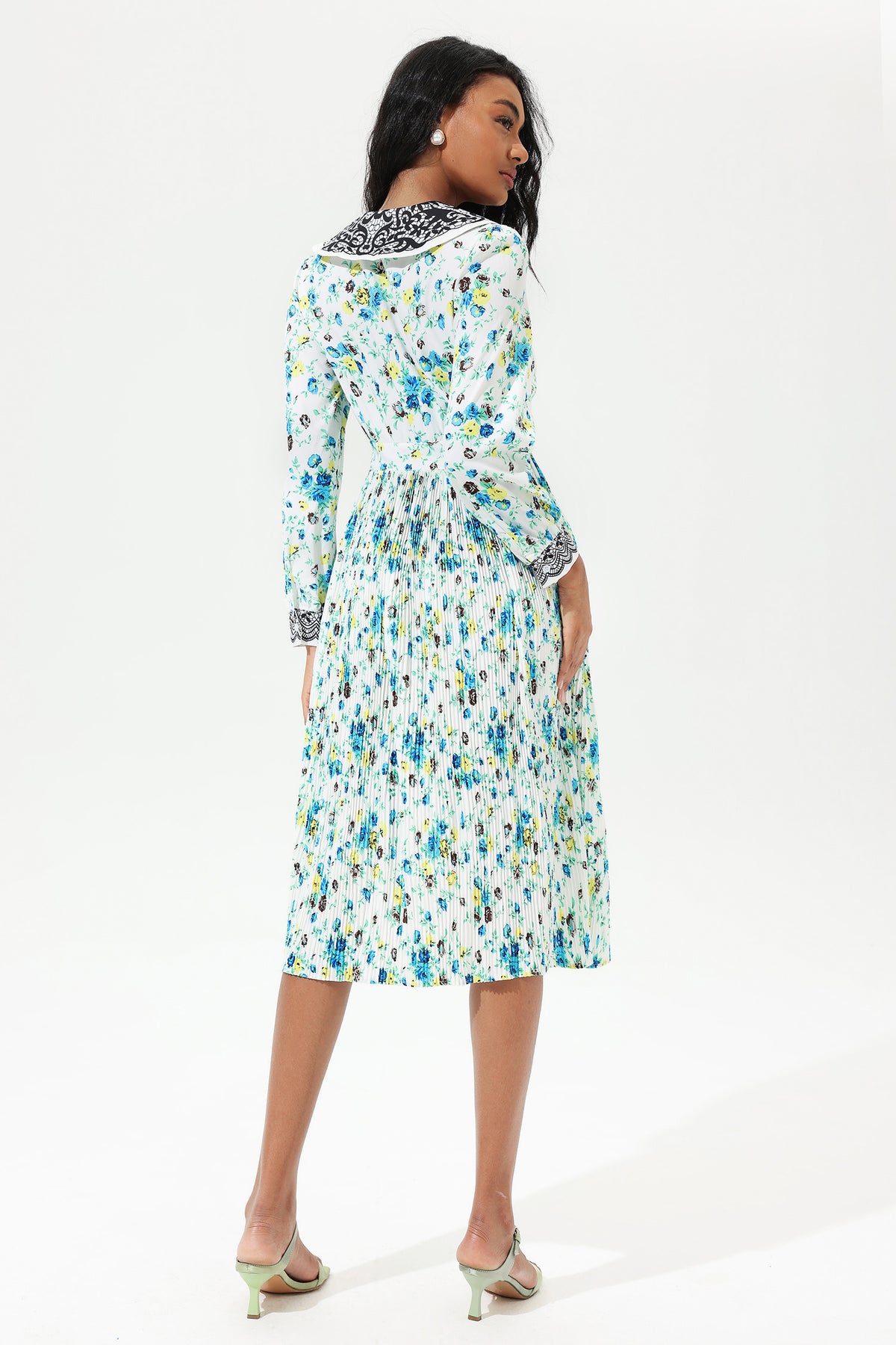 Printed Lantern Sleeve Doll Collar Lace Midi Dress
