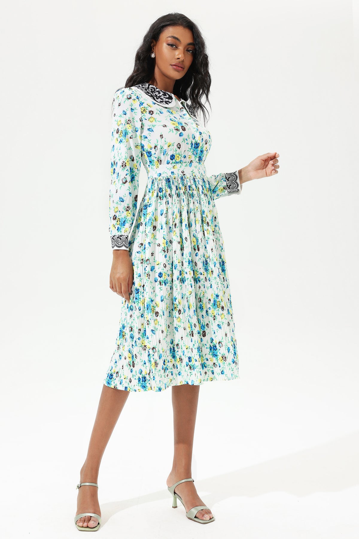 Printed Lantern Sleeve Doll Collar Lace Midi Dress