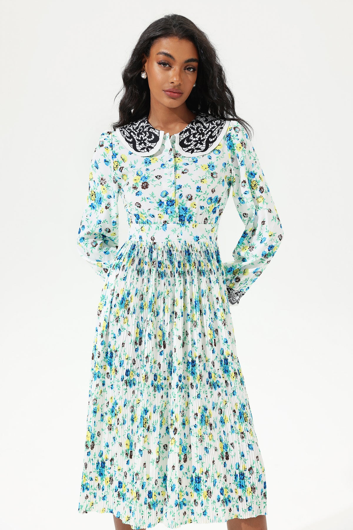 Printed Lantern Sleeve Doll Collar Lace Midi Dress