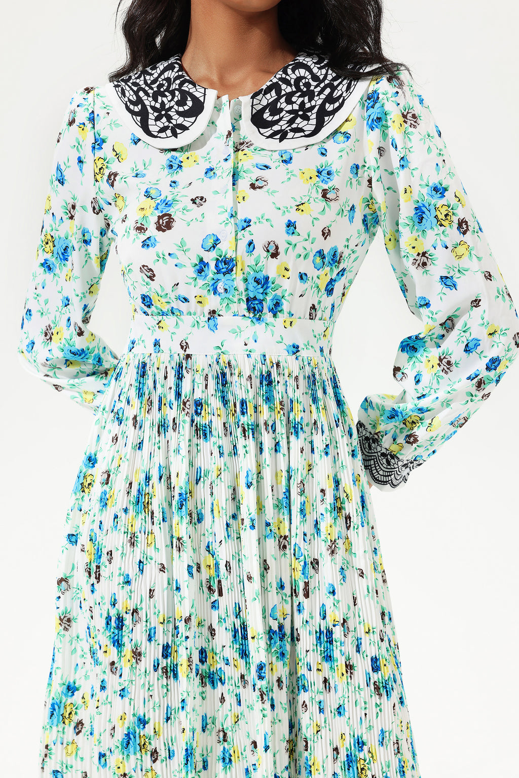 Printed Lantern Sleeve Doll Collar Lace Midi Dress