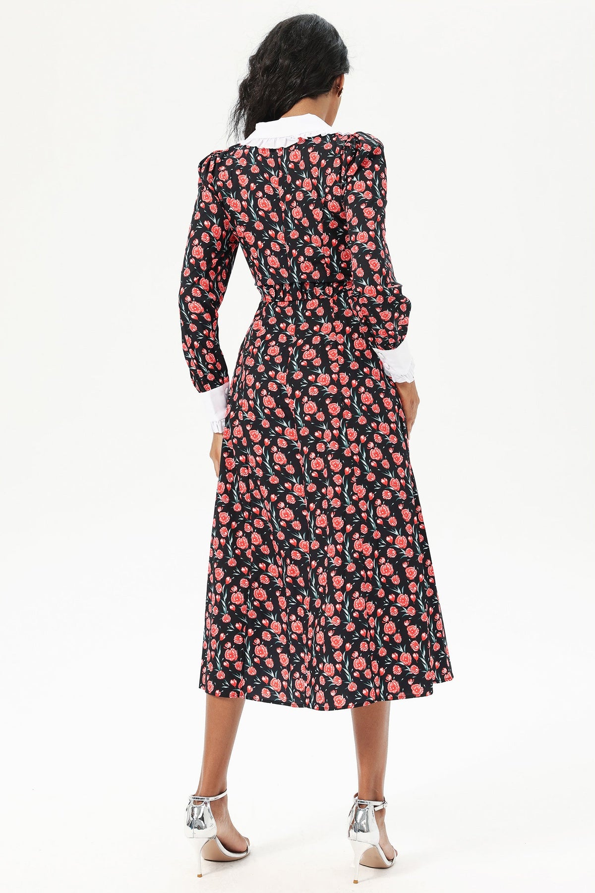 Long Sleeve Doll Collar Buttoned Midi Dress Black