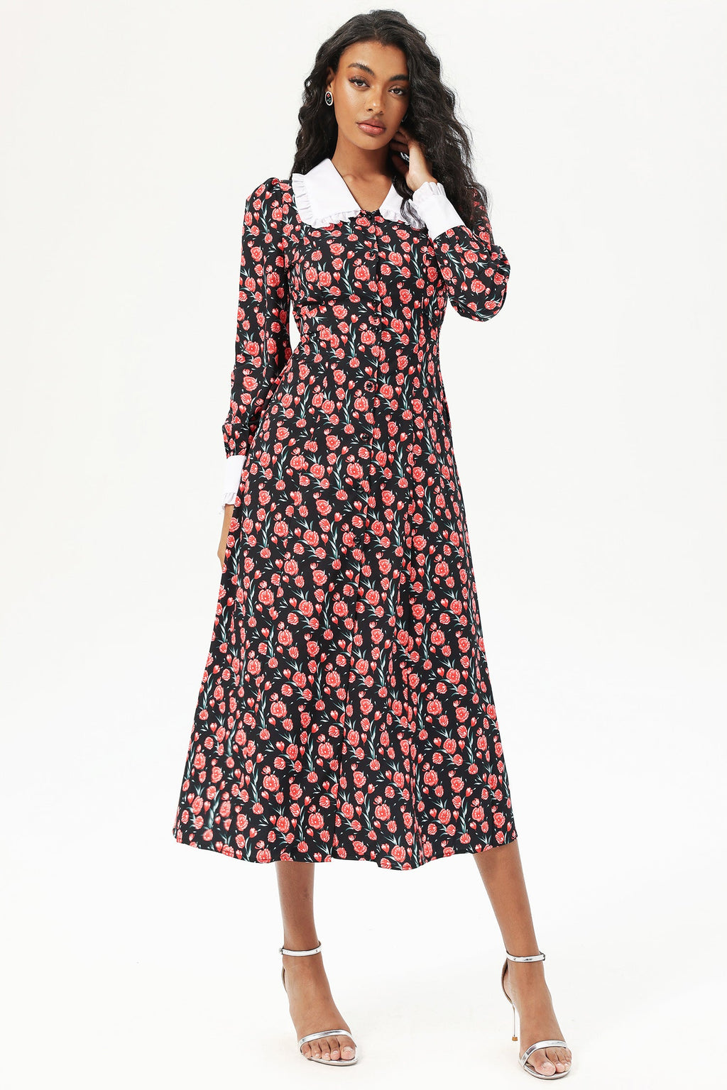 Long Sleeve Doll Collar Buttoned Midi Dress Black