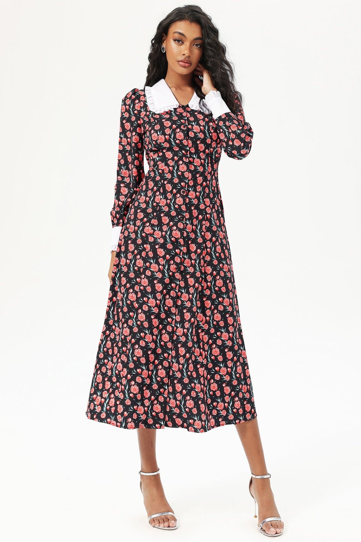 Long Sleeve Doll Collar Buttoned Midi Dress Black