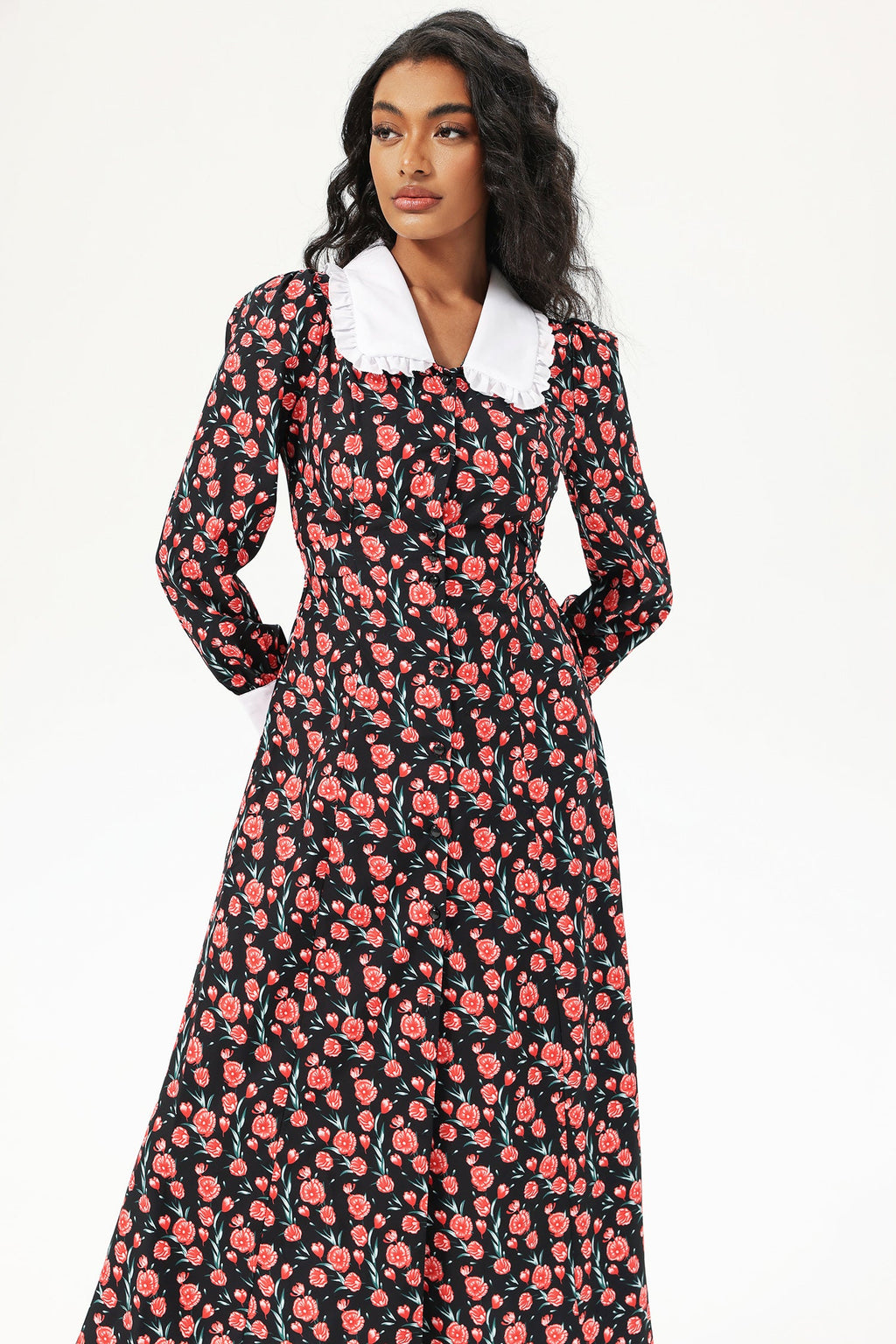 Long Sleeve Doll Collar Buttoned Midi Dress Black