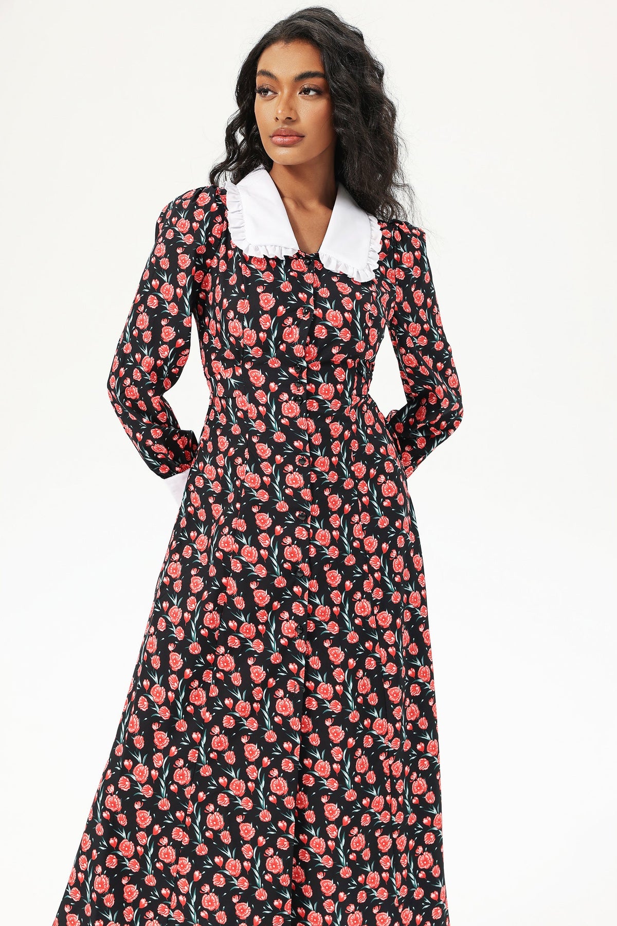 Long Sleeve Doll Collar Buttoned Midi Dress Black
