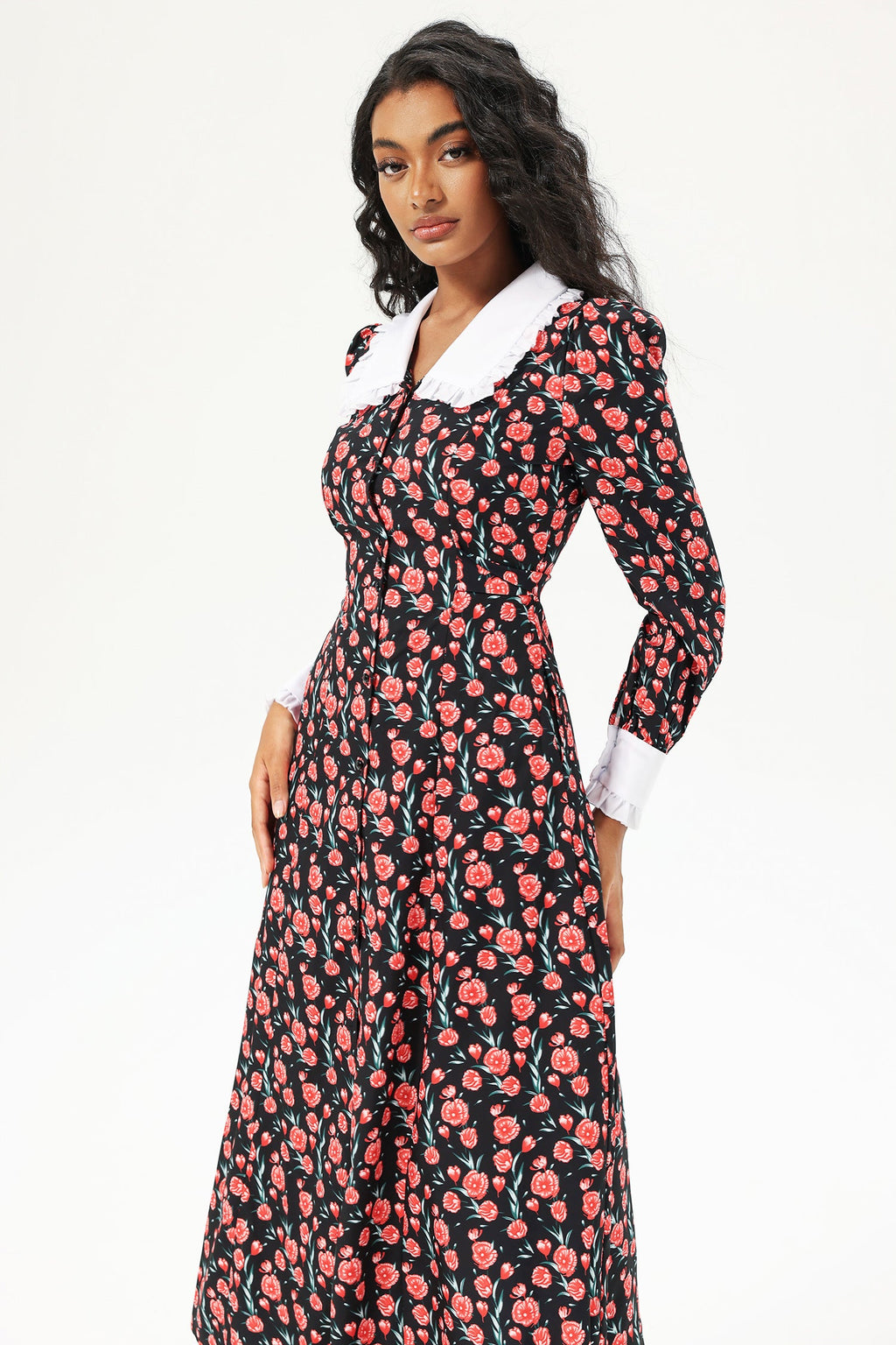 Long Sleeve Doll Collar Buttoned Midi Dress Black
