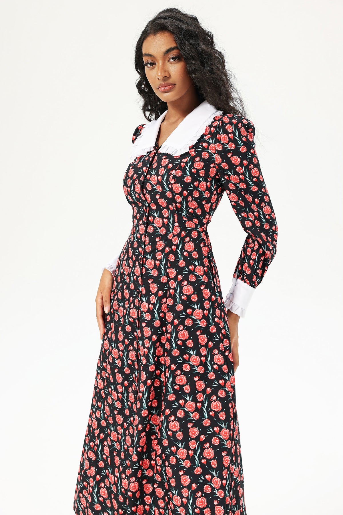 Long Sleeve Doll Collar Buttoned Midi Dress Black