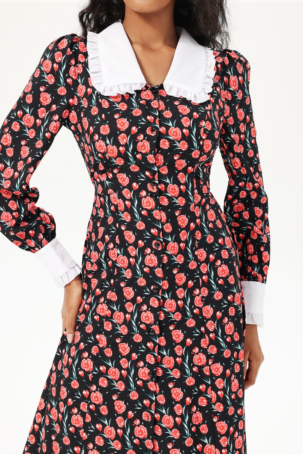 Long Sleeve Doll Collar Buttoned Midi Dress Black