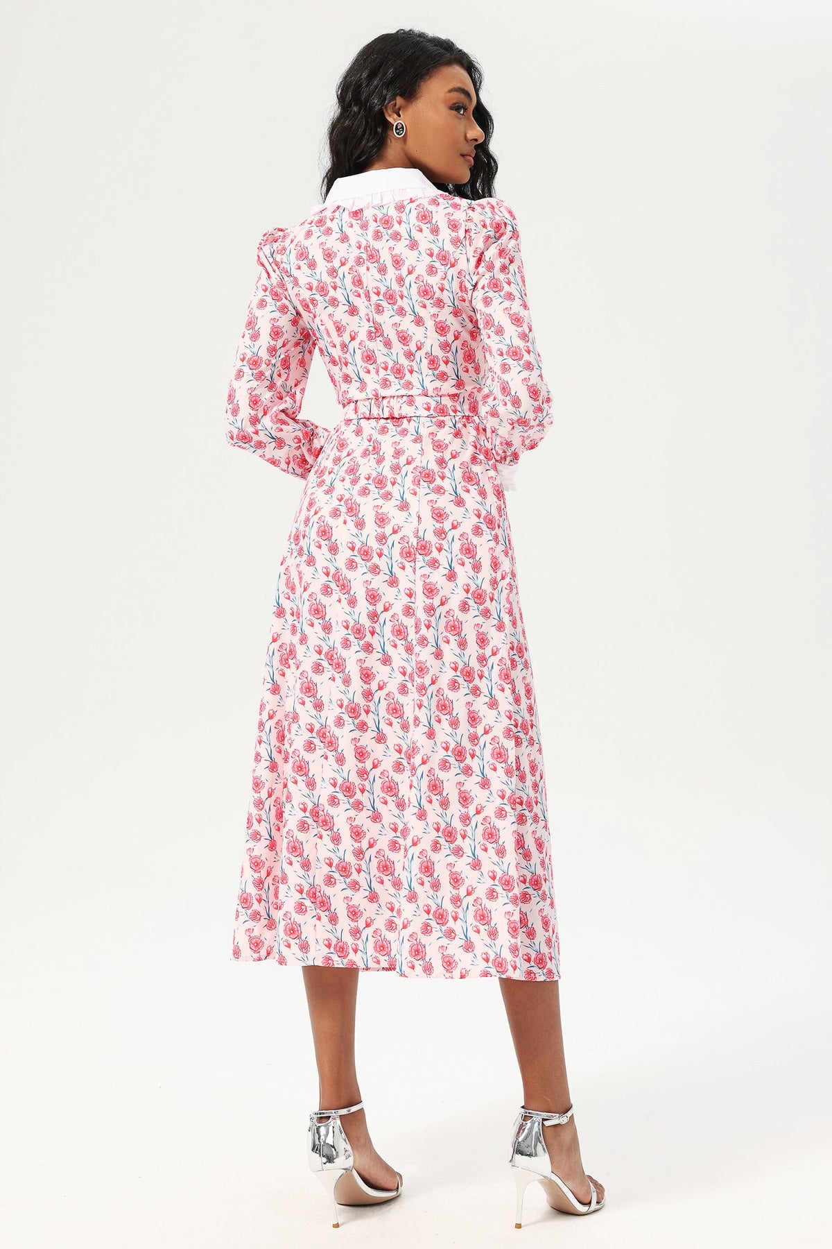 Long Sleeve Doll Collar Buttoned Midi Dress Pink