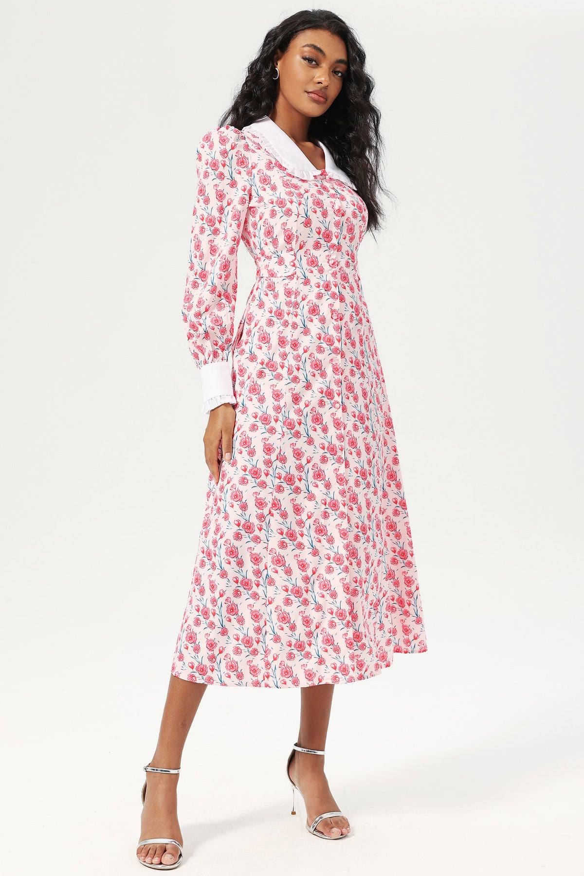 Long Sleeve Doll Collar Buttoned Midi Dress Pink