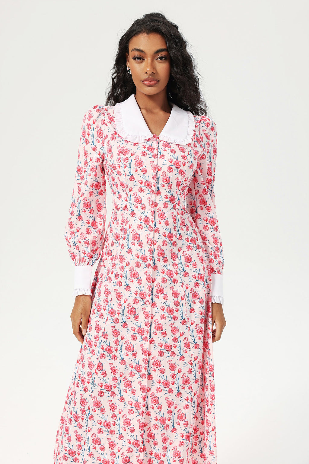 Long Sleeve Doll Collar Buttoned Midi Dress Pink