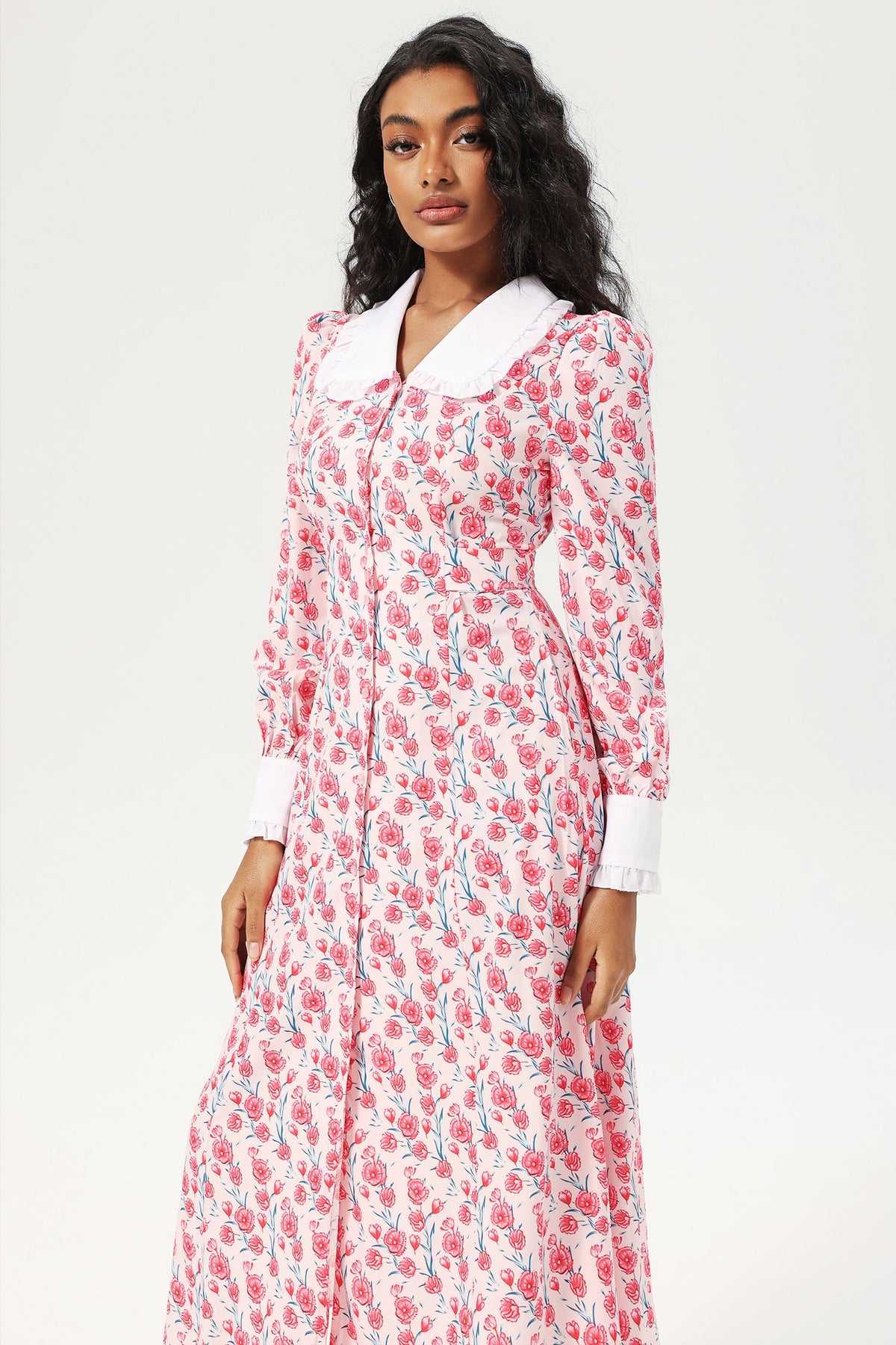 Long Sleeve Doll Collar Buttoned Midi Dress Pink
