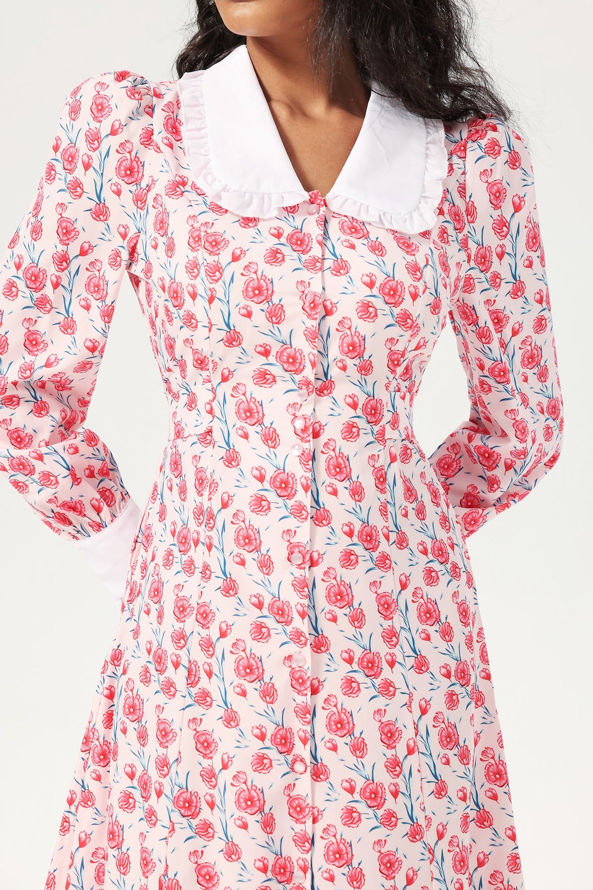 Long Sleeve Doll Collar Buttoned Midi Dress Pink