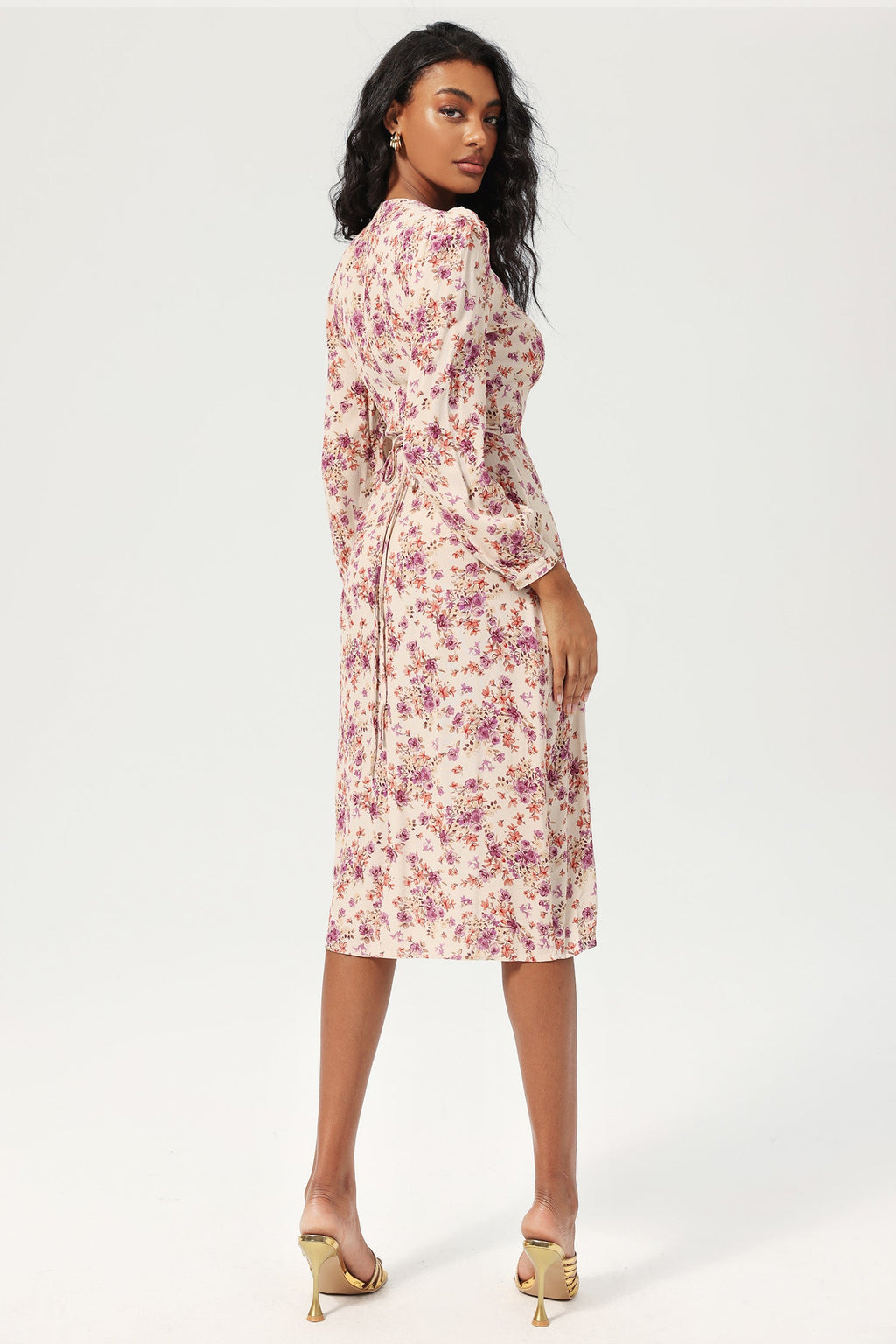 Long Sleeve V-neck Buttoned Lace Up Slit Midi Dress Purple
