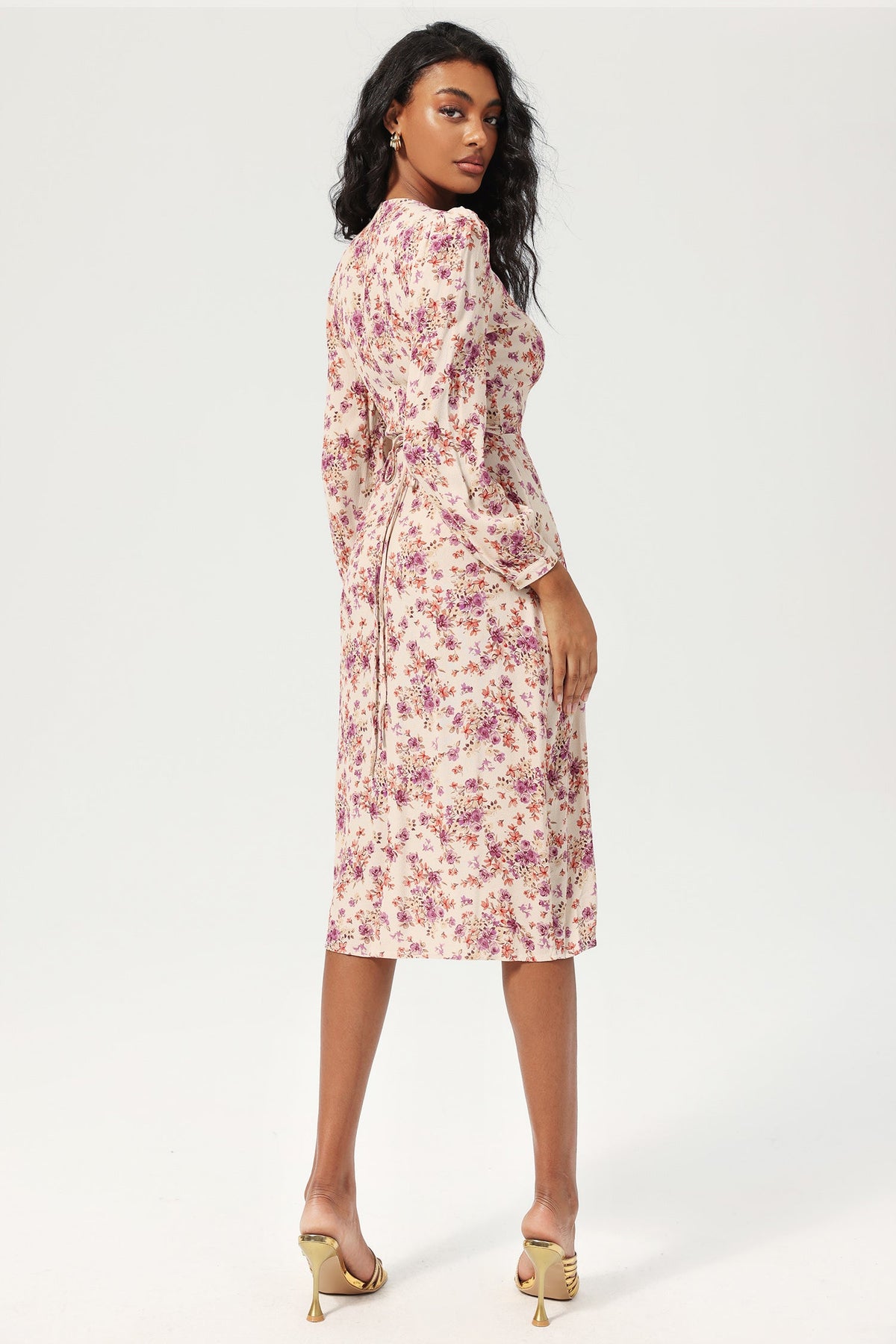 Long Sleeve V-neck Buttoned Lace Up Slit Midi Dress Purple