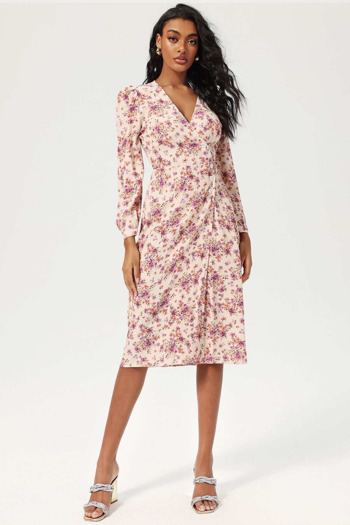 Long Sleeve V-neck Buttoned Lace Up Slit Midi Dress Purple