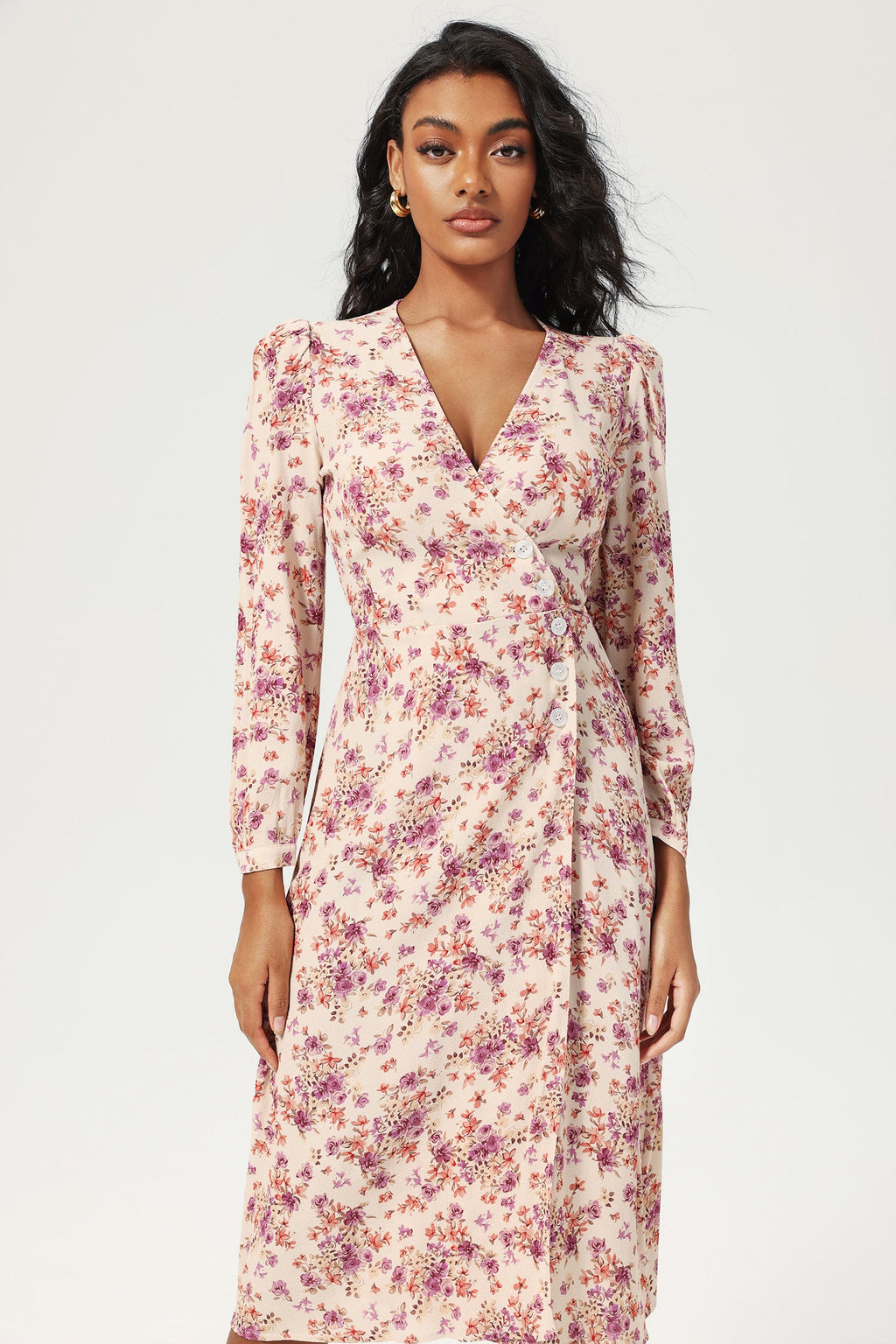 Long Sleeve V-neck Buttoned Lace Up Slit Midi Dress Purple