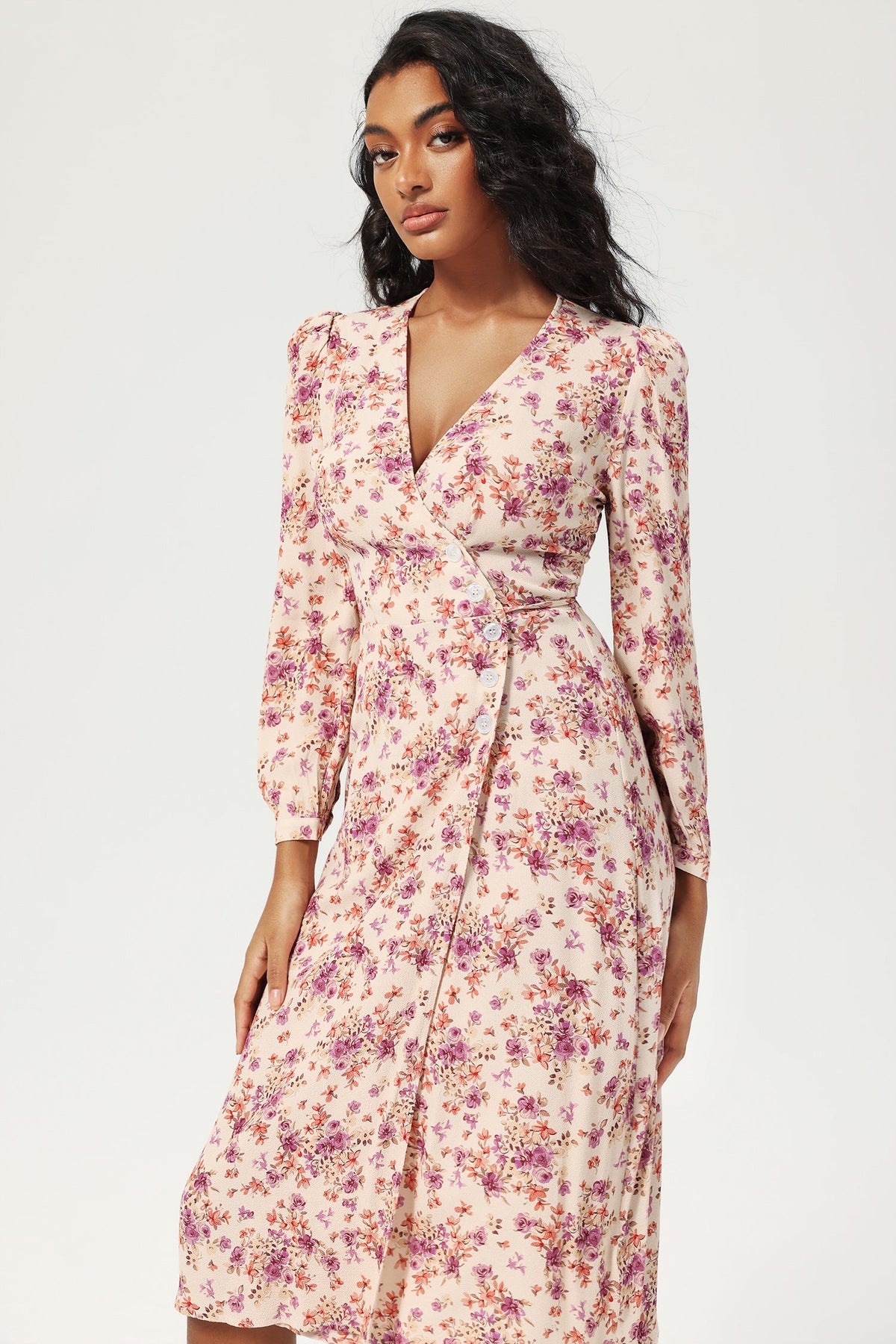 Long Sleeve V-neck Buttoned Lace Up Slit Midi Dress Purple