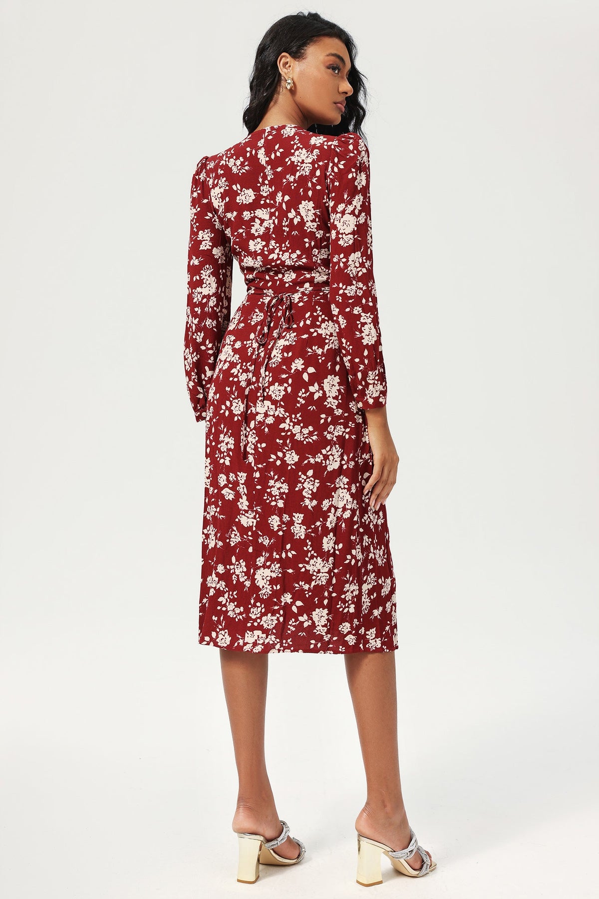 Long Sleeve V-neck Slit Midi Dress Red