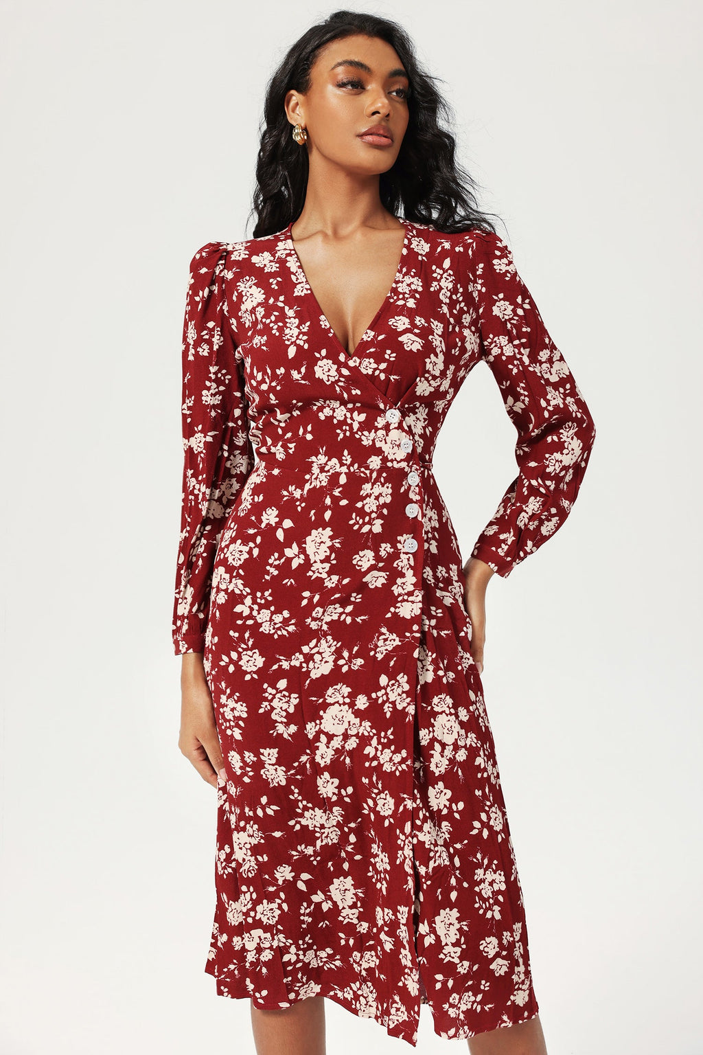 Long Sleeve V-neck Slit Midi Dress Red