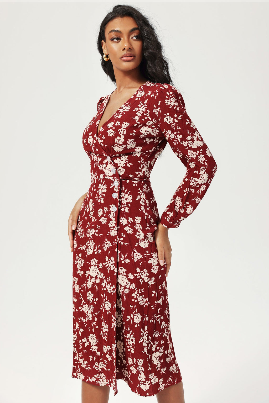 Long Sleeve V-neck Slit Midi Dress Red