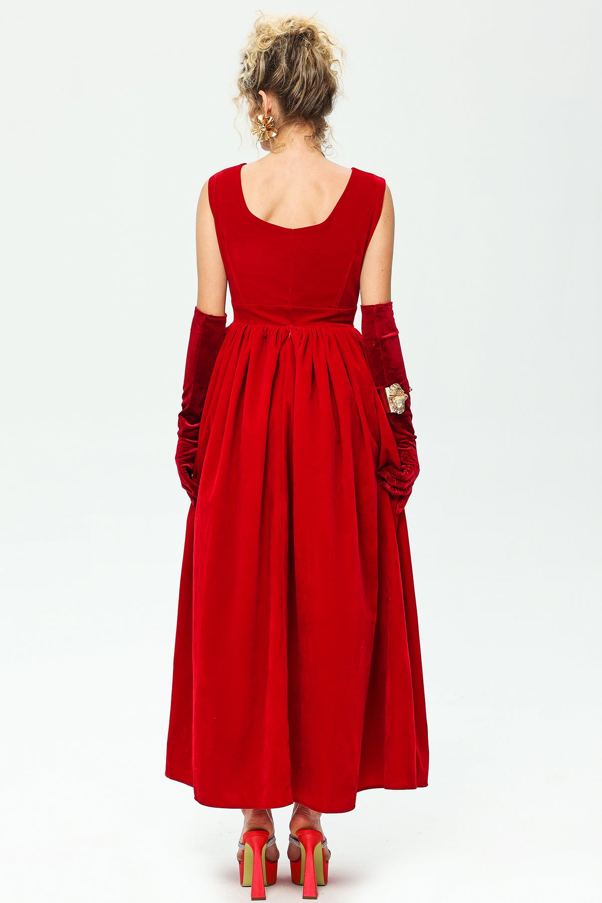 V-neck Velvet Maxi Dress Red