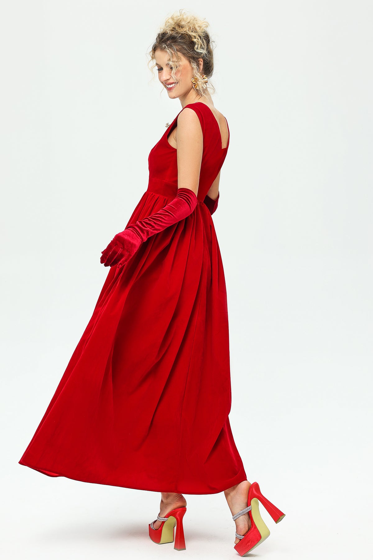 V-neck Velvet Maxi Dress Red