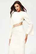 Long Sleeve Crew Collar Cut-out Maxi Dress White