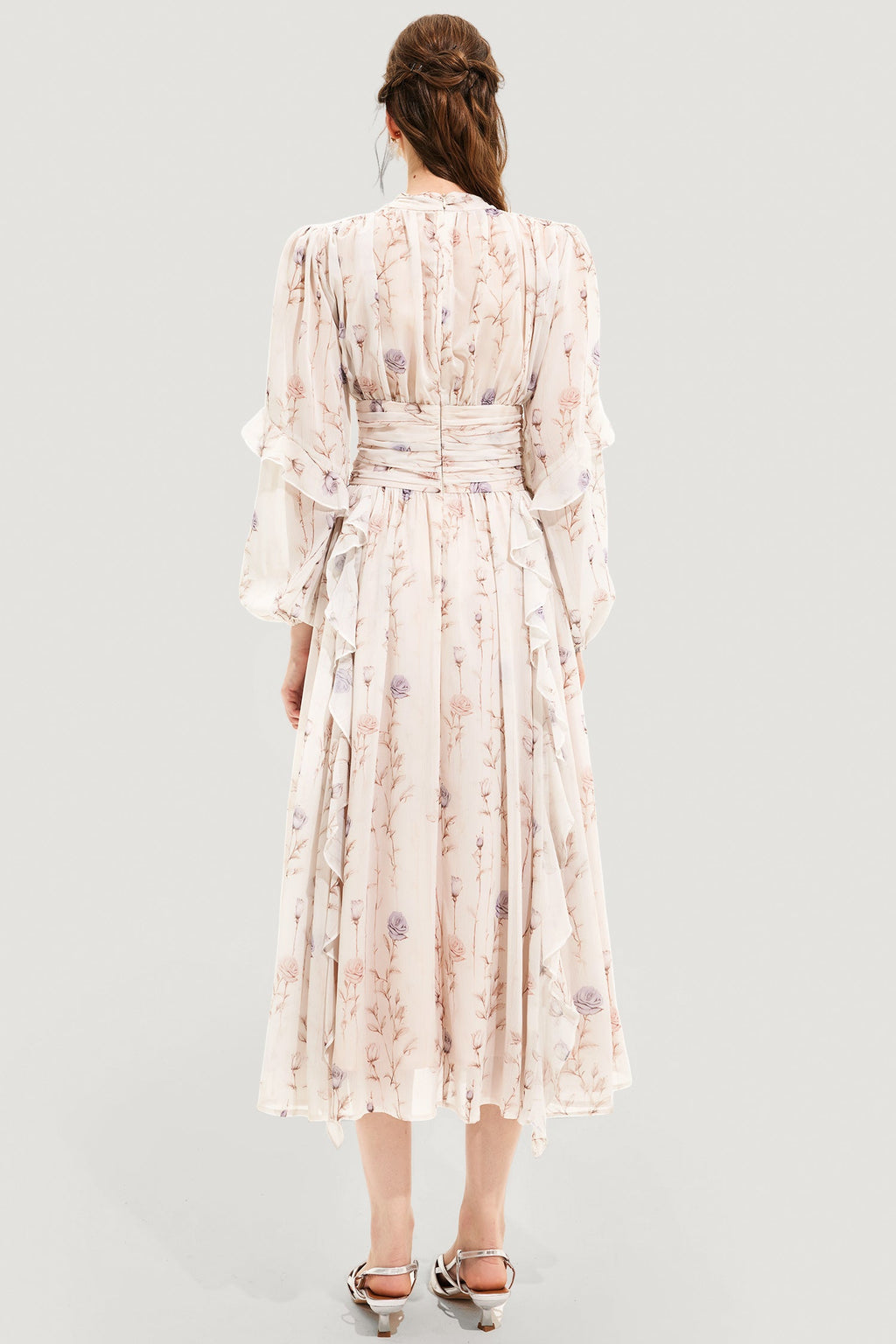 Round Neck Puff Sleeve Midi Dress