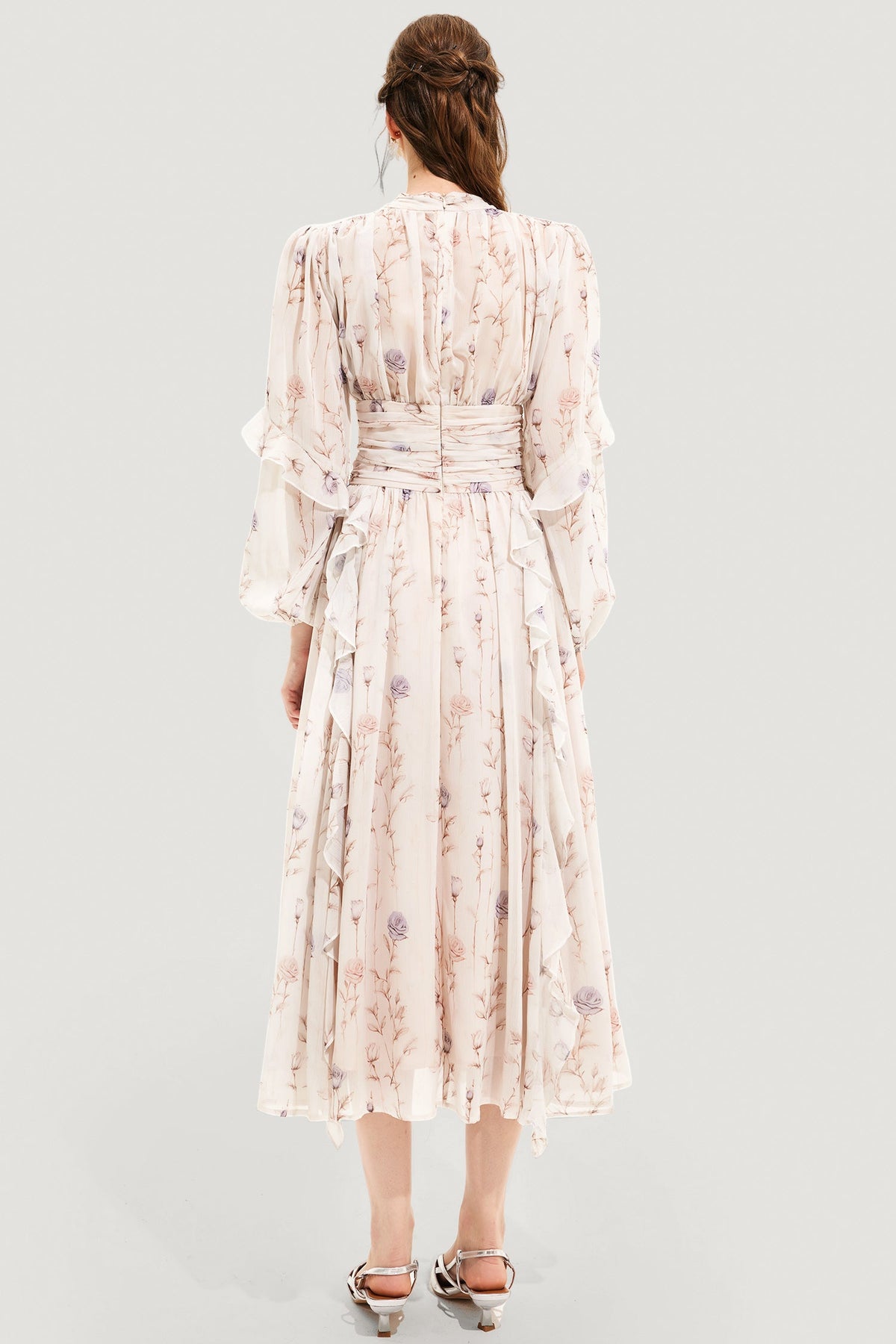 Round Neck Puff Sleeve Midi Dress