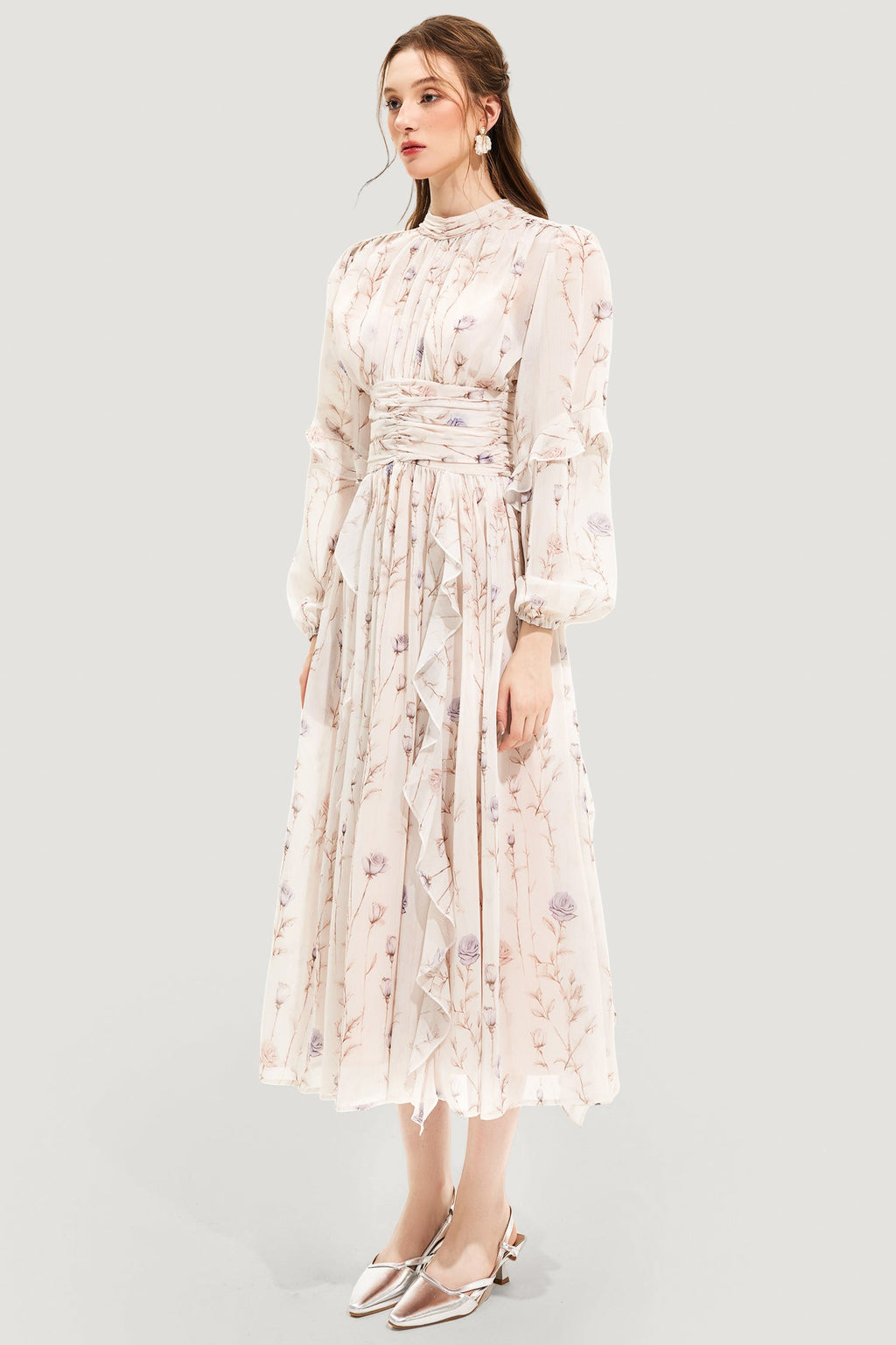 Round Neck Puff Sleeve Midi Dress