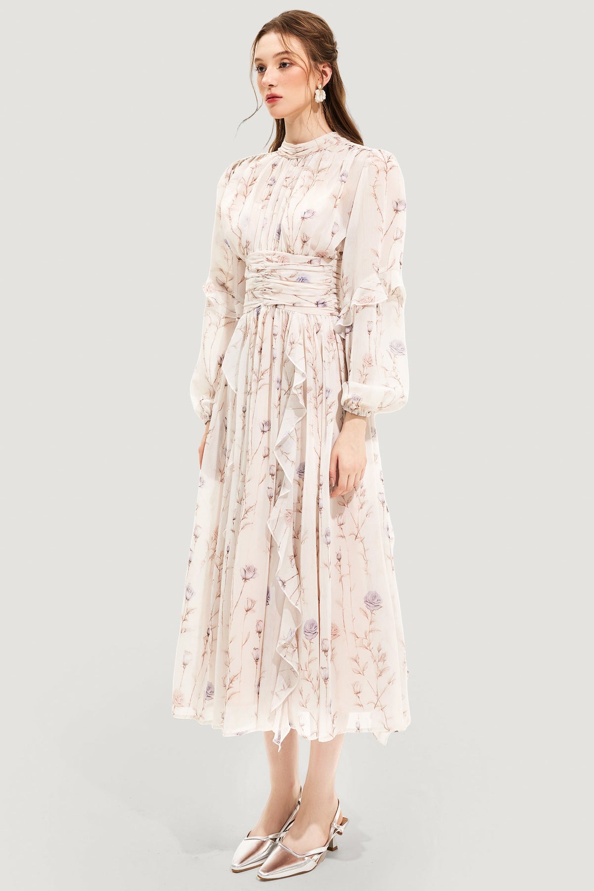 Round Neck Puff Sleeve Midi Dress