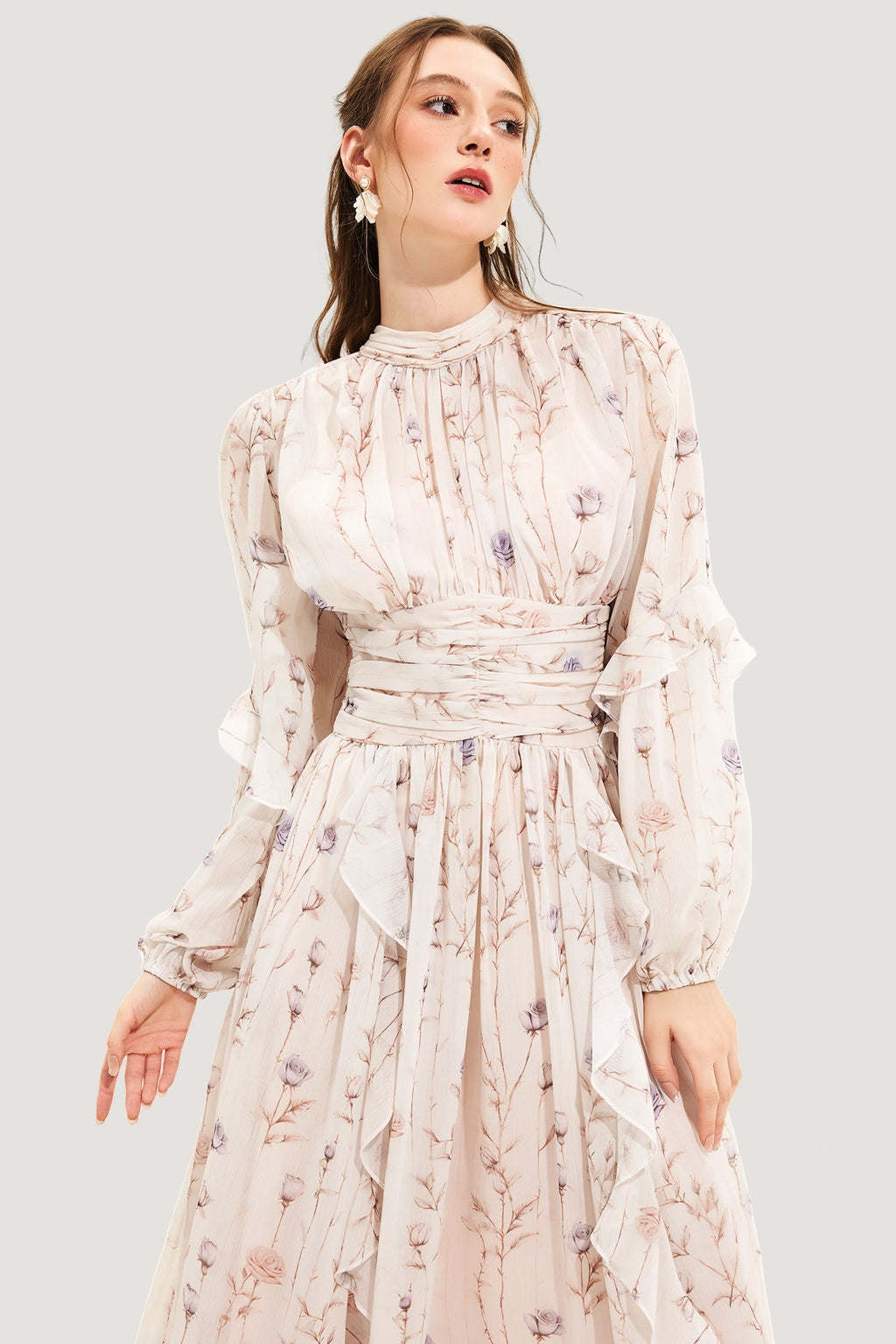 Round Neck Puff Sleeve Midi Dress