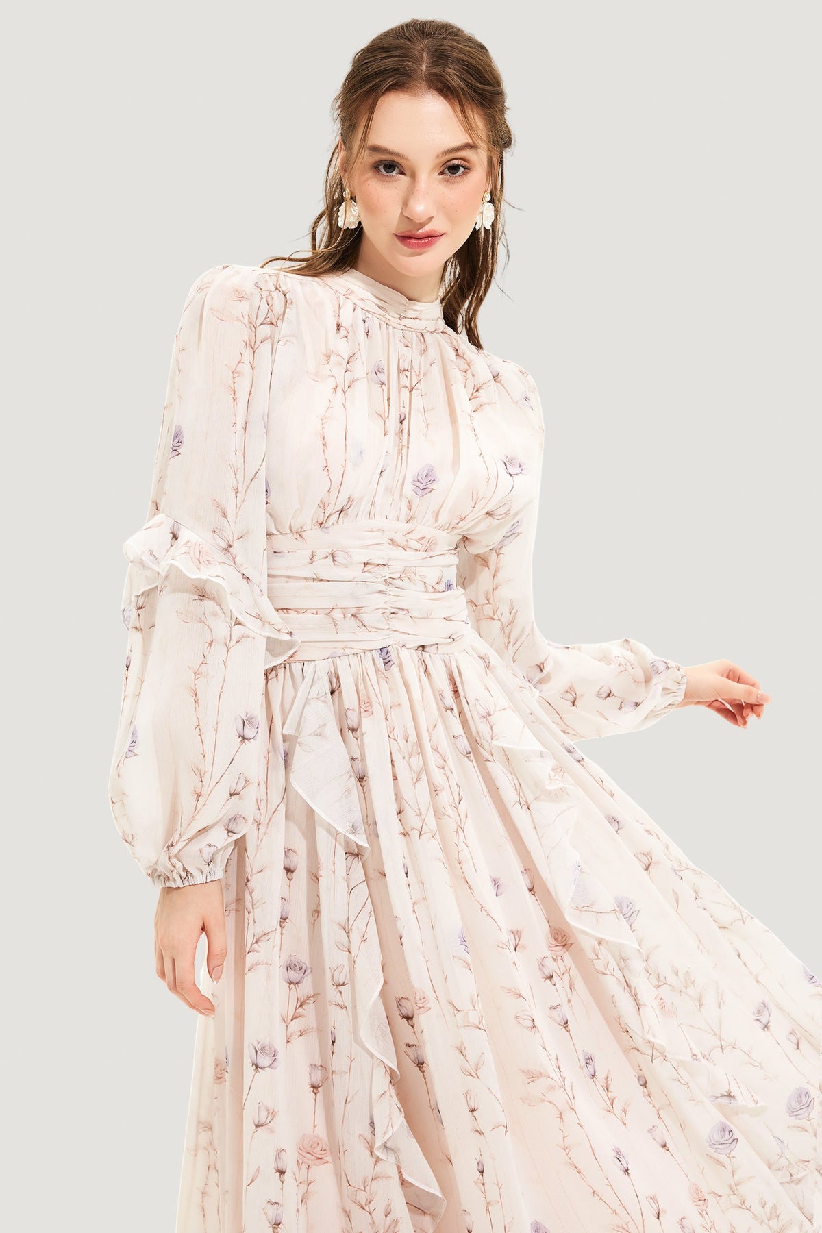 Round Neck Puff Sleeve Midi Dress