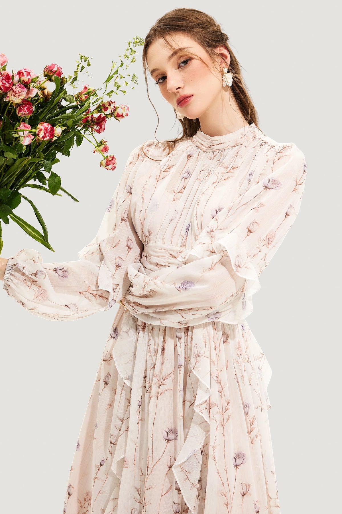 Round Neck Puff Sleeve Midi Dress