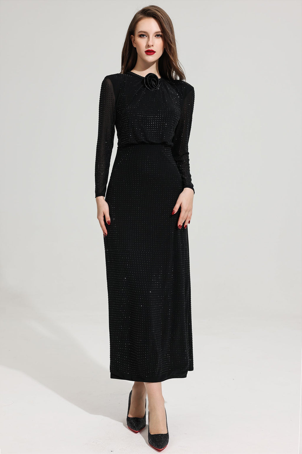 Rhinestone Stand Collar Mermaid Maxi Dress