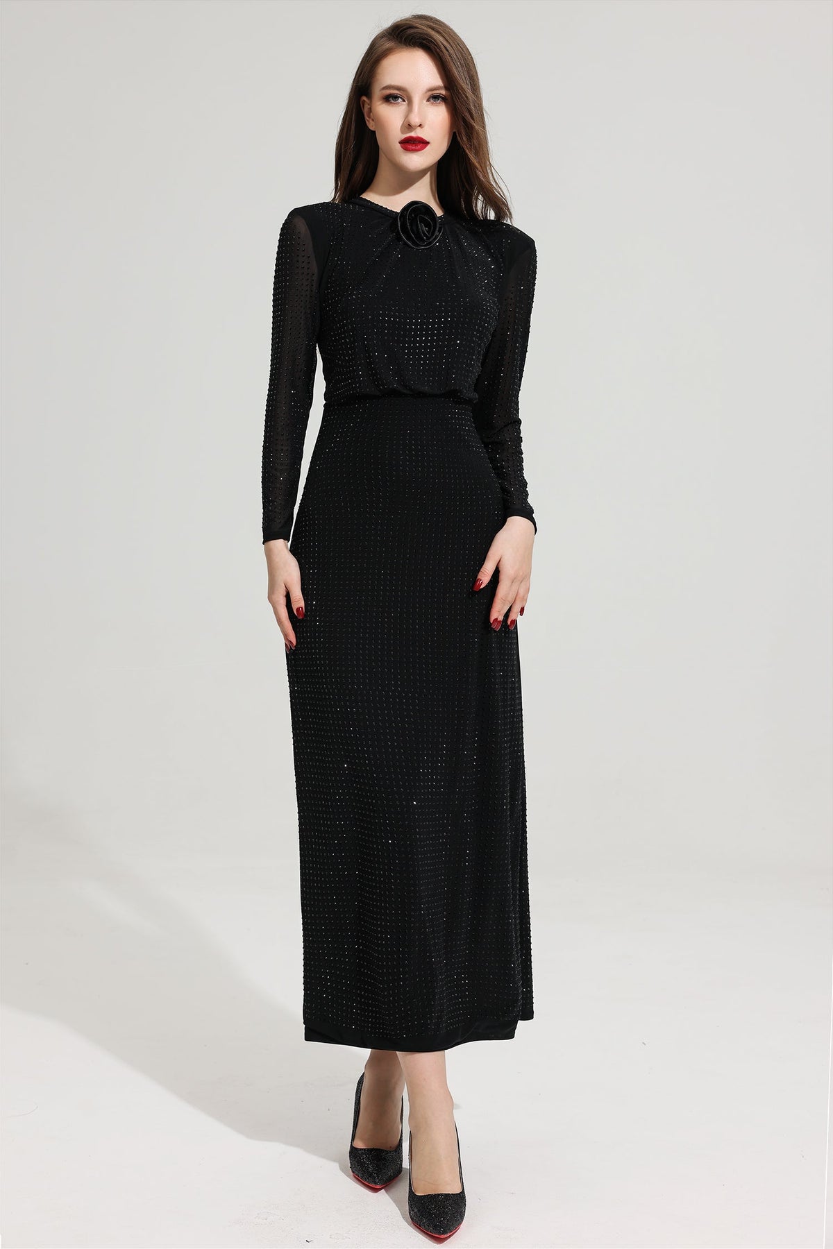 Rhinestone Stand Collar Mermaid Maxi Dress