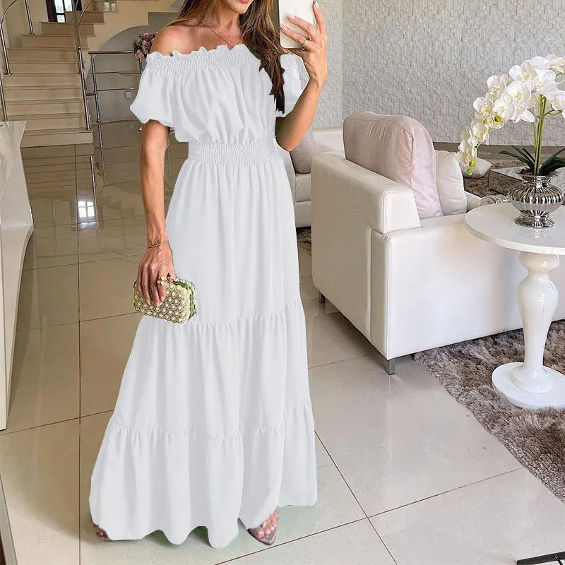 Summer Vestidos Red Short Sleeve Club Party Evening Long Dress Slim Color Robe Ruffles Elastic Waist Slash Neck