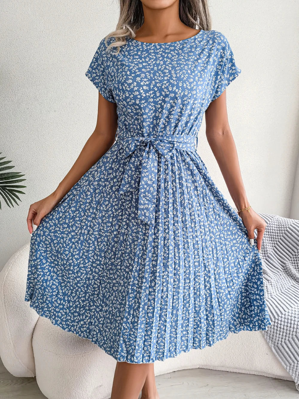 Summer Short Sleeve Long Dress O Neck Lace Up Pleated A-line Office Female Vestidos