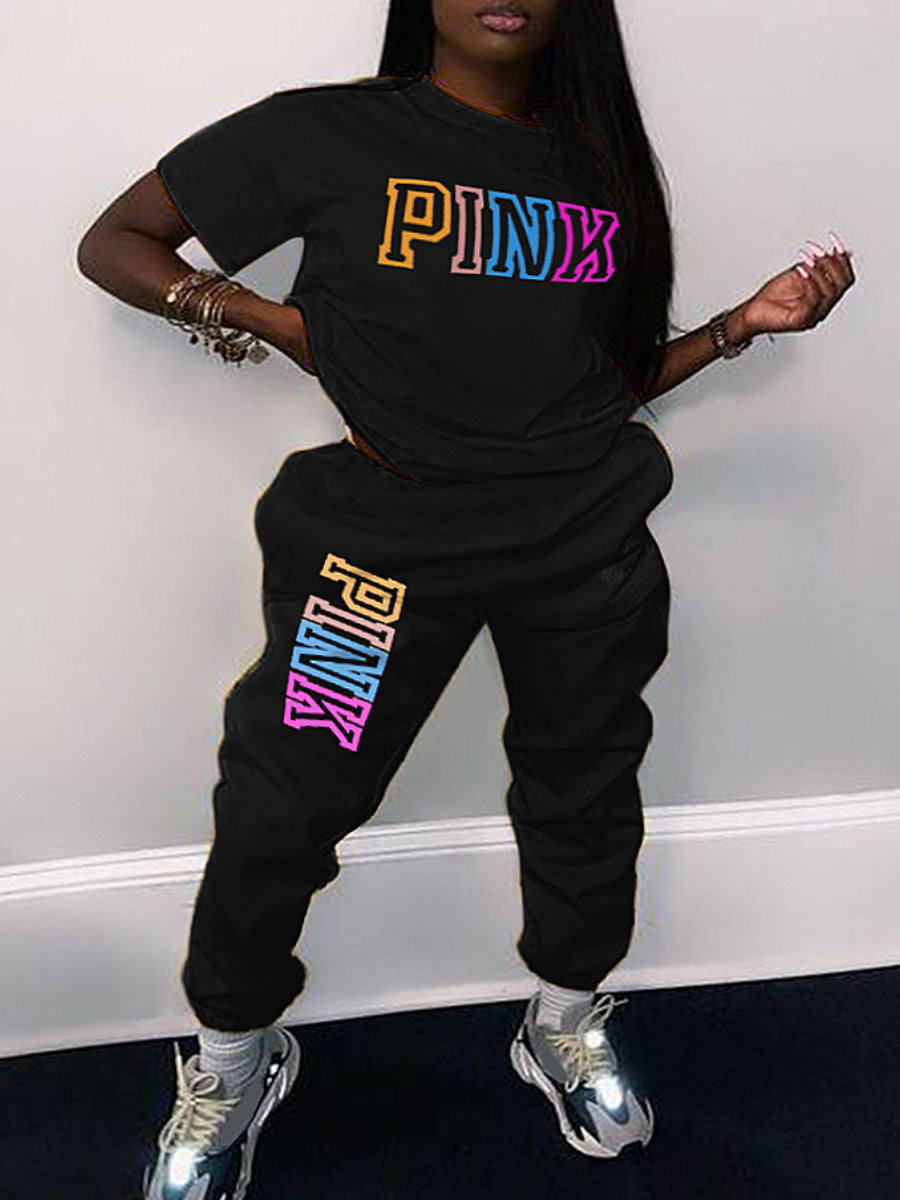 Pink Letter Print Pants Set Ar5057