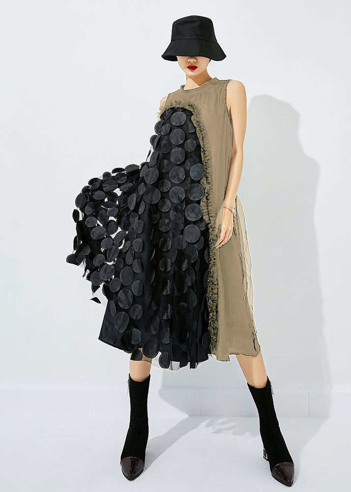 Black-green Dot Asymmetrical Patchwork Wrinkled Tulle Maxi Dress Sleeveless Ly0870