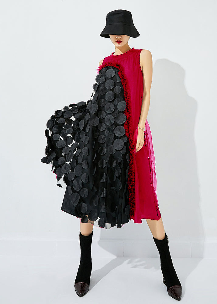 Black-green Dot Asymmetrical Patchwork Wrinkled Tulle Maxi Dress Sleeveless Ly0870