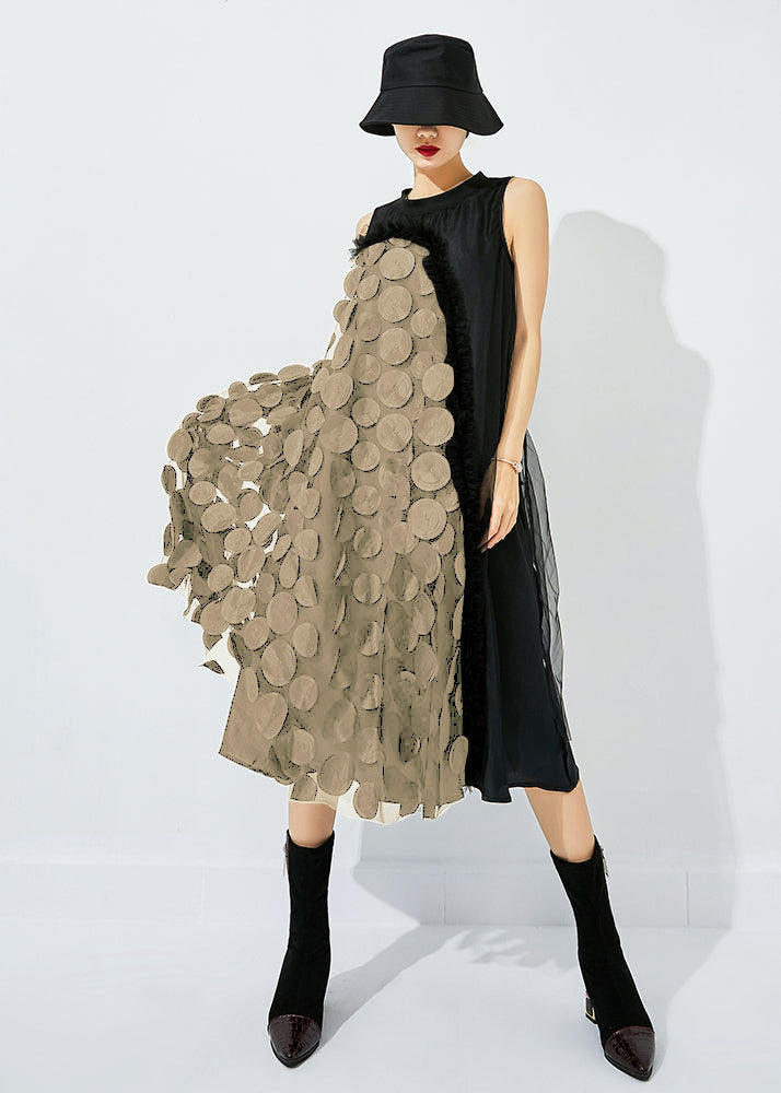 Black-green Dot Asymmetrical Patchwork Wrinkled Tulle Maxi Dress Sleeveless Ly0870