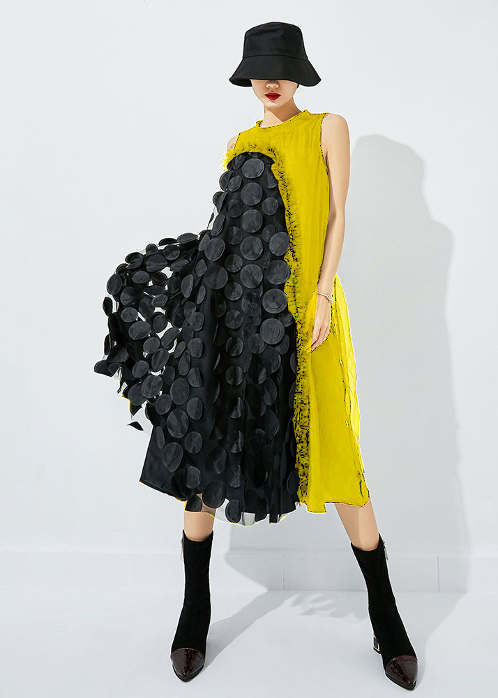 Black-green Dot Asymmetrical Patchwork Wrinkled Tulle Maxi Dress Sleeveless Ly0870