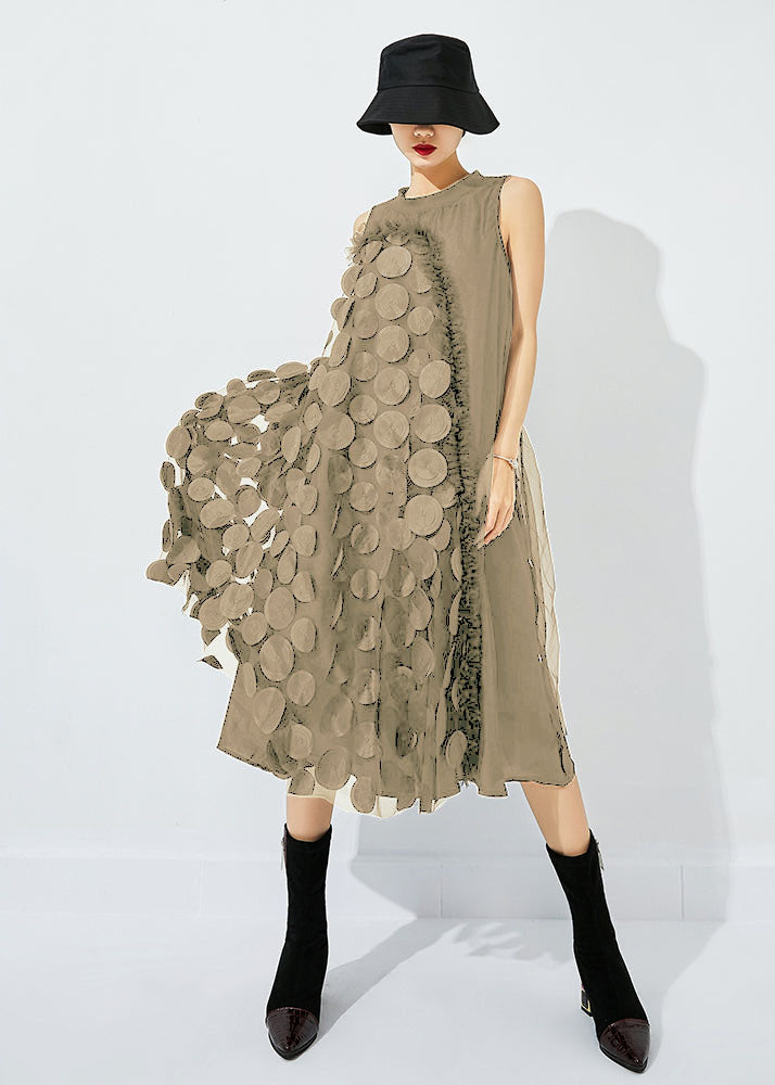 Black-green Dot Asymmetrical Patchwork Wrinkled Tulle Maxi Dress Sleeveless Ly0870