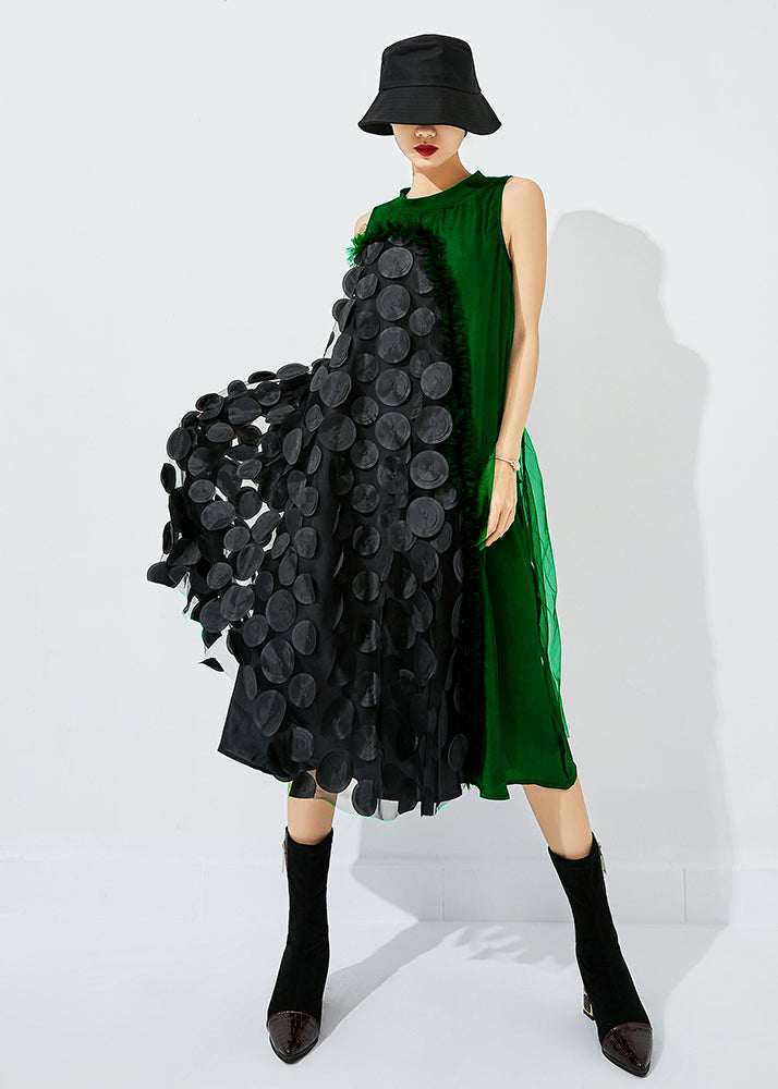 Black-green Dot Asymmetrical Patchwork Wrinkled Tulle Maxi Dress Sleeveless Ly0870