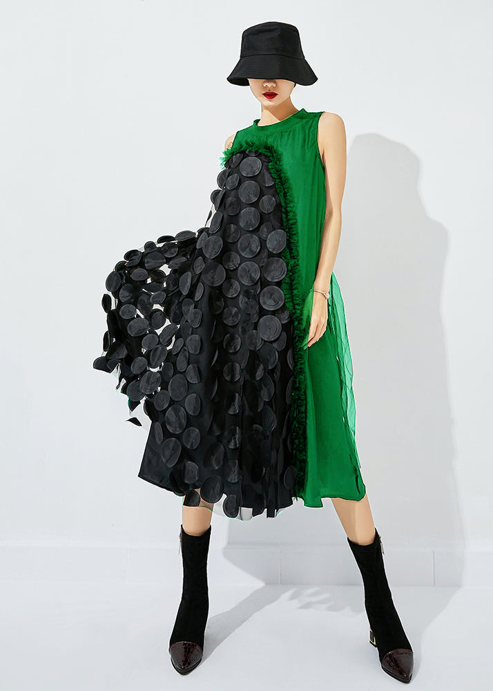 Black-green Dot Asymmetrical Patchwork Wrinkled Tulle Maxi Dress Sleeveless Ly0870